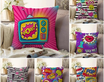 Pop Art Velvet Pillow Cover, Colorful Comic Cushion Case, Retro Cartoon Throw Pillow, Fun Pop Graphic Sofa Pillow, Bright Teen Room Decor