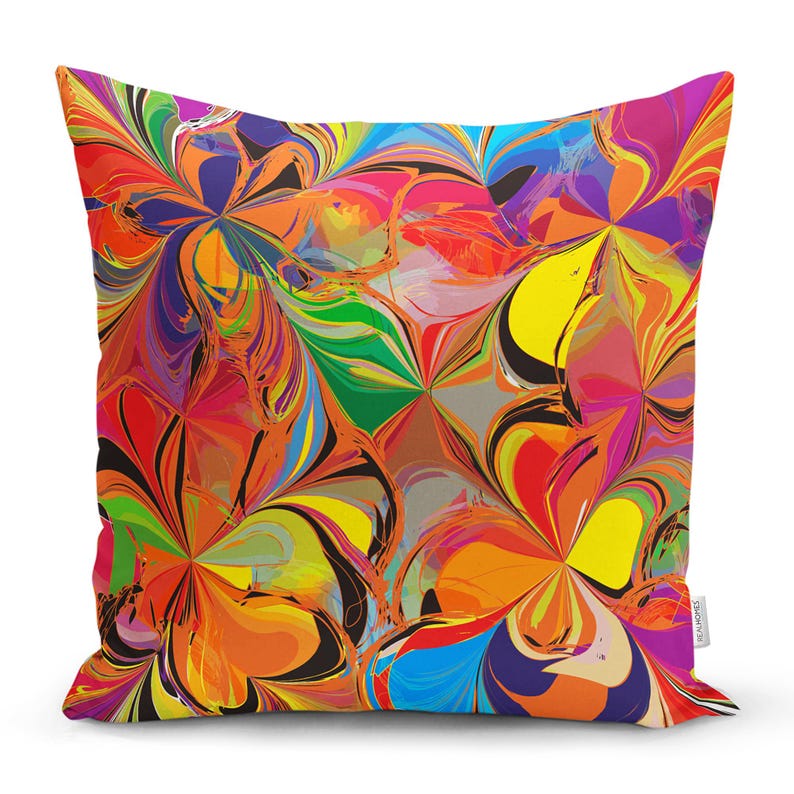 May include: A colourful throw pillow with a swirling abstract pattern in shades of red, orange, yellow, green, blue, and purple.