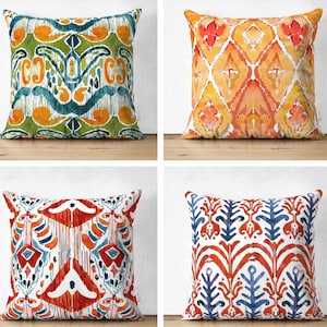 Uzbek Ikat Pillow Cover, Orange Green Ikat Cushion,  Blue Red Ikat Throw Pillow, Decorative Ikat Design Pillows, Square Velvet Pillow