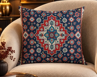 Turkish Rug Pattern Pillow Cover, Navy Blue Pillow Cover, Vintage Tribal Medallion Velvet Cover, Bohemian Ethnic Throw