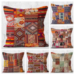 May include: Six colorful throw pillows with a patchwork design featuring geometric patterns and floral motifs. The pillows are made of a soft, woven fabric and have a square shape.
