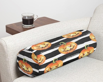 Halloween Jack O Lantern Bolster Pillow Cover, Watercolor Pumpkin Stripe Neck Roll Décor