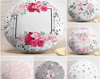 Floral Round Pillow Cover & Insert, Pink Rose Cushion, Shabby Chic Flower Throw Pillow, Pastel Vintage Style Pillowcase, Gift for Her
