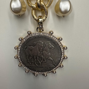 Antique gold horse coin pendant Charm necklace with Belgium Hainut Medallion and vintage coin and pearl charms Vintage coin charm necklace