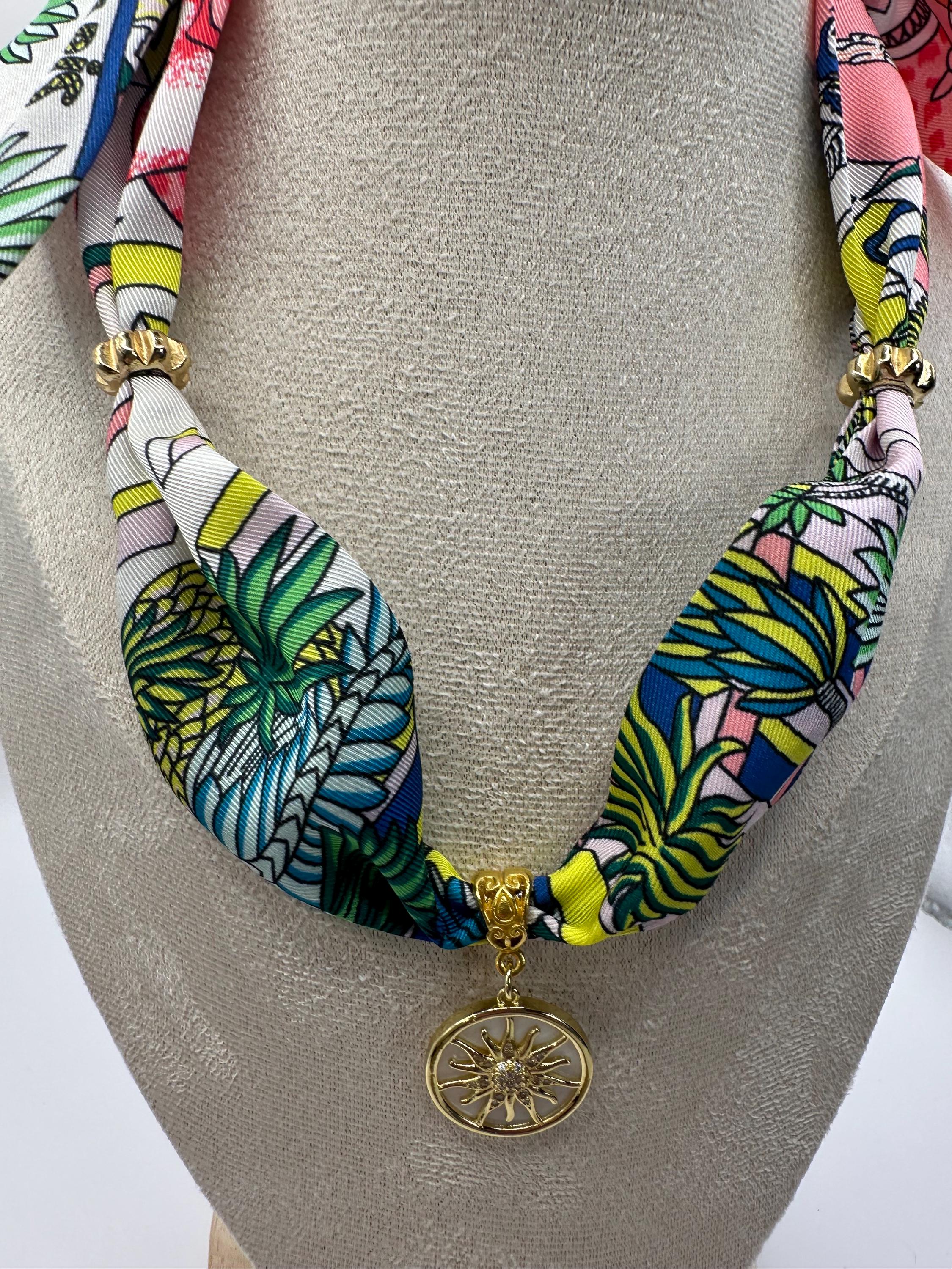 Scarf necklace Sunburst Scarf necklace gold  pendant Summer color charm jewelry Boho beach jewelry charm Bandana tropical jewelry