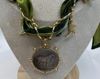 Scarf necklace green western necklace cowboy charms retro horse coin pendant  rodeo pendant horse charm western jewelry chain scarf jewelry