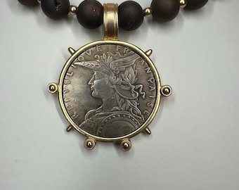 Antique gold bezel coin pendant Druzy bead choker Vintage Coin pendant Coin Medallion pendant Replica French style coin pendant necklace