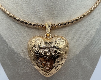 Antique gold chocker with engraved heart pendant necklace puffed heart chocker vintage gold puffy heart pendant western heart pendant choker