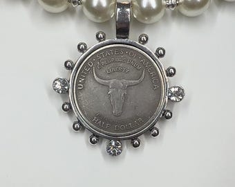 Antique silver longhorn coin pendant Pearl choker Vintage Coin pendant Rhinestone Coin bezel Medallion pendant Longhorn western style coin