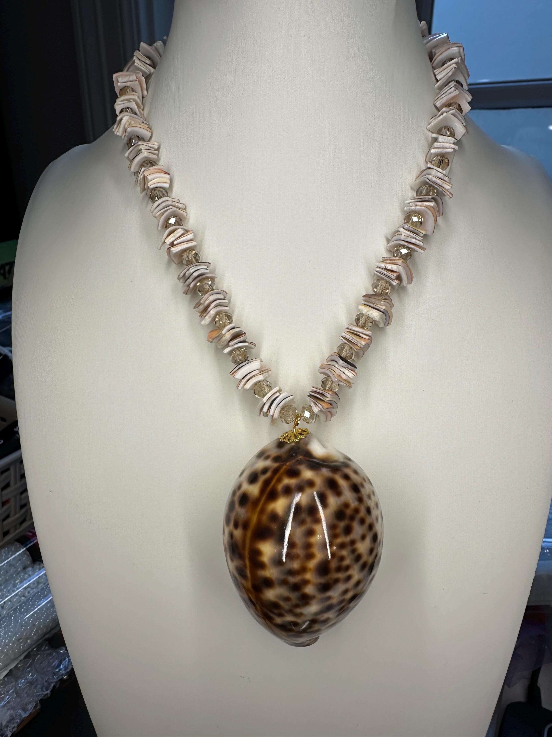 Cowrie Shell Pendant Shell and Czech Glass Bead Handmade Chain Beachy ...