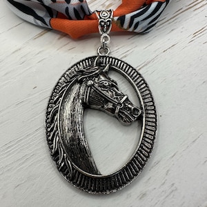 Scarf jewelry Parisian silk orange black Scarf necklace with silver horse pendant charm jewelry Boho beach Bandana scarf beachy vibe