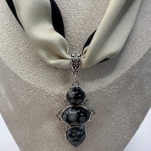Scarf necklace Parisian Scarf necklace silver Obsidian pendant Gemstone pendant charm jewelry Boho beach jewelry charm Bandana jewelry