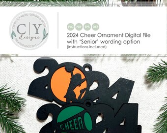 Op de afbeelding: Zwart en groen 2024 cheer-ornament digitaal bestand met een cheerleader-silhouet en een megafoon. Het bestand bevat een 'Senior'-woordoptie.