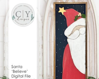 May include: A digital file for a wood craft project featuring a Santa Claus with the word "Believe" on the bottom. The Santa is red and white with a black background and white stars.