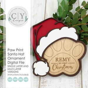 Ornamento para animais de estimação SVG, conjunto de enfeites de Papai Noel com impressão de pata, arquivo digital, arquivo a laser