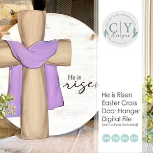 Cruz de Pascua para colgar en la puerta con la imagen de Él ha resucitado, SVG, archivo digital, archivo láser