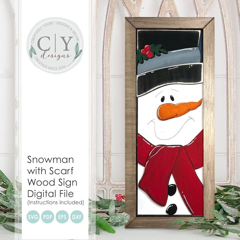May include: A digital file for a snowman wood sign with a red scarf and black hat. The snowman has a carrot nose and black eyes. The sign is framed in gold.