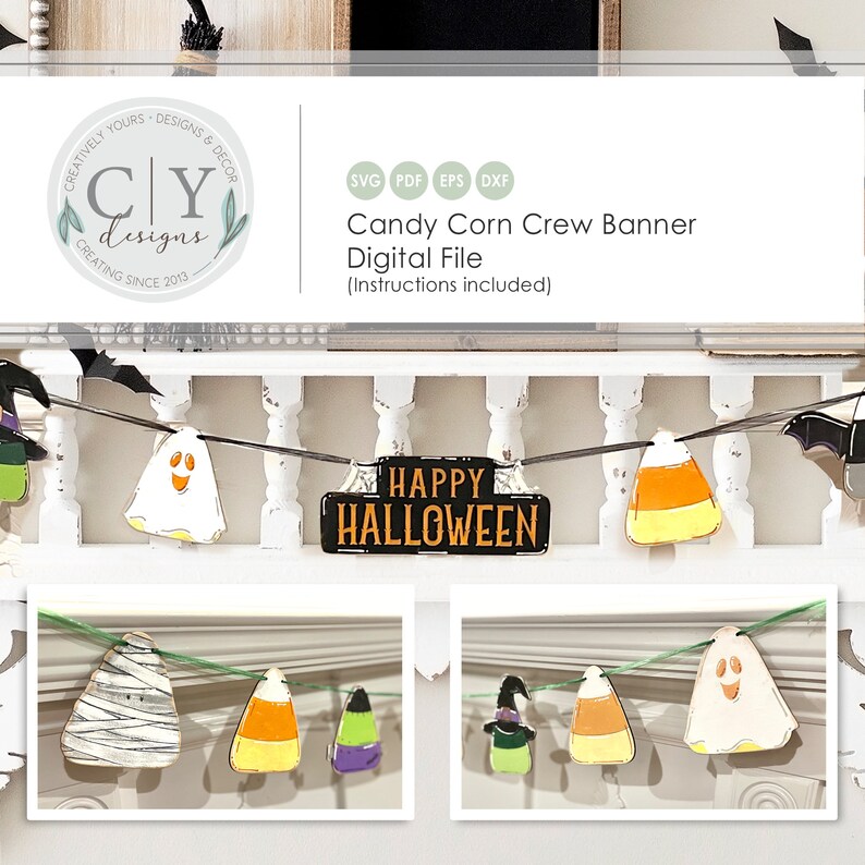Puede incluir: Un banner de Halloween con un letrero de "Happy Halloween" y varios personajes de Halloween, incluidos fantasmas, ma&iacute;z dulce y brujas. El banner est&aacute; hecho de madera y est&aacute; pintado en varios colores. El banner es perfecto para decorar tu hogar para Halloween.