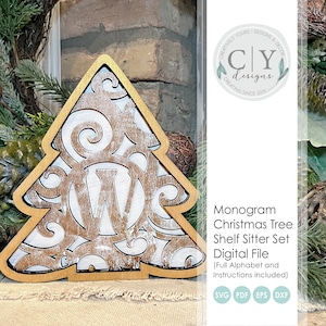 May include: A wooden Christmas tree shelf sitter with a white monogram "W" in the center. The tree is decorated with a white and brown swirl pattern. The image includes the text "Monogram Christmas Tree Shelf Sitter Set Digital File (Full Alphabet and Instructions included) SVG PDF EPS DXF".