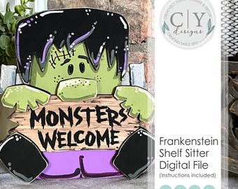 Frankenstein Shelf Sitter SVG, Monsters Welcome Sign, Halloween Decor, Laser File