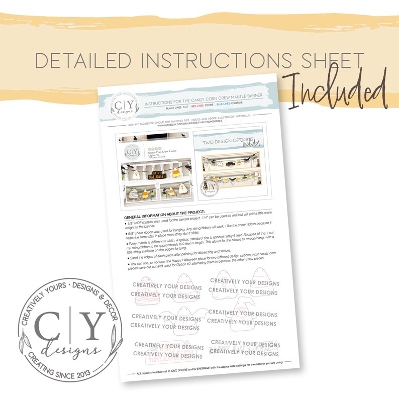 Puede incluir: Instrucciones para una pancarta de manto de ma&iacute;z dulce DIY. Las instrucciones incluyen dos opciones de dise&ntilde;o, informaci&oacute;n general sobre el proyecto y una lista de "Creatively Your Designs" para cada pieza. La imagen muestra una muestra de la pancarta con ma&iacute;z dulce, fantasmas y murci&eacute;lagos.