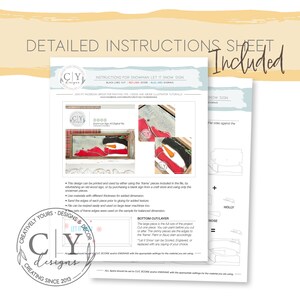 May include: Instructions for a snowman let it snow sign craft project. The instructions include a detailed diagram of the sign, with black lines for cutting, red lines for scoring, and blue lines for engraving. The instructions also include a diagram of the bottom cut layer, which is the full size of the project. The instructions are from CY Designs & Decor, Creating Since 2013.