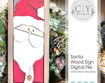 Könnte beinhalten: Eine digitale Datei für ein Holzschild mit einem Cartoon-Weihnachtsmann mit roter Mütze, weißem Bart und rotem Anzug. Das Schild ist in einem braunen Holzrahmen gerahmt.