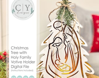 May include: White wooden Christmas tree votive holder with a cutout design of the Holy Family. The tree is decorated with a star and greenery.