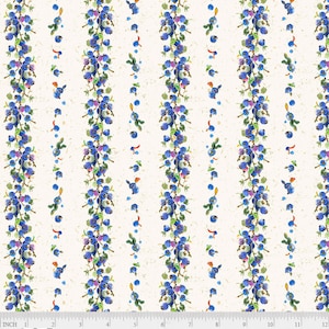 May include: White fabric with a repeating pattern of blue blueberries and green leaves. The fabric has a subtle texture and a white stripe pattern.