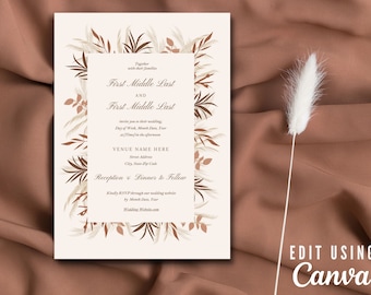 May include: A wedding invitation with a beige background and a floral border in brown and tan tones. The invitation includes text fields for the couple's names, wedding details, and venue information. The words "EDIT USING Canva" are in the bottom right corner.