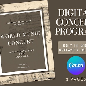 Puede incluir: Una plantilla de programa de concierto digital con un fondo de partitura musical vintage. El texto dice "World Music Concert" y "The Music Department Presents". La plantilla es editable en Canva e incluye dos páginas.