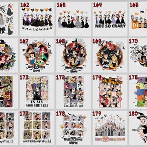 May include: A collection of graphic designs featuring Disney princesses in Halloween-themed settings. The designs include text such as "Halloween", "Disneyland", and "Walt Disney World". The images are on a light gray background.
