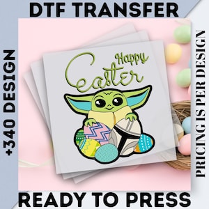 May include: DTF transfer featuring a green alien character holding Easter eggs. The words "Happy Easter" are written in green script above the character. The words "READY TO PRESS" are at the bottom.
