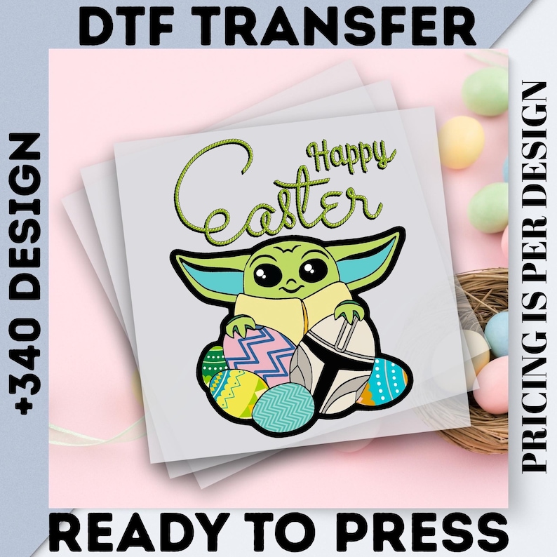 May include: DTF transfer featuring a green alien character holding Easter eggs. The words "Happy Easter" are written in green script above the character. The words "READY TO PRESS" are at the bottom.