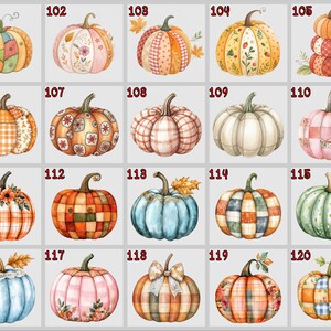 May include: Twenty watercolour pumpkins in assorted colours and patterns. Each pumpkin features a unique design, including patchwork, floral, and plaid motifs. The pumpkins are numbered from 101 to 120, ideal for autumn decor and crafts.