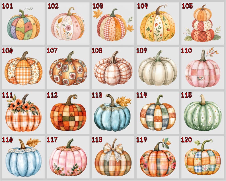 May include: Twenty watercolour pumpkins in assorted colours and patterns. Each pumpkin features a unique design, including patchwork, floral, and plaid motifs. The pumpkins are numbered from 101 to 120, ideal for autumn decor and crafts.