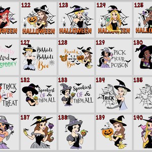 May include: A collection of Halloween-themed graphic designs featuring various cartoon characters dressed as witches. Each design includes text such as "Halloween", "Trick or Treat", or other spooky phrases. The images are colorful and festive, perfect for seasonal merchandise.