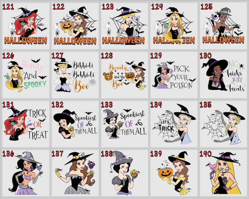 May include: A collection of Halloween-themed graphic designs featuring various cartoon characters dressed as witches. Each design includes text such as "Halloween", "Trick or Treat", or other spooky phrases. The images are colorful and festive, perfect for seasonal merchandise.