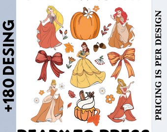 May include: DTF transfer sheet featuring cartoon princesses, pumpkins, bows, and fall-themed elements. The text "DTF TRANSFER", "+180 DESING", and "READY TO PRESS" are displayed. The image is a ready-to-press design.