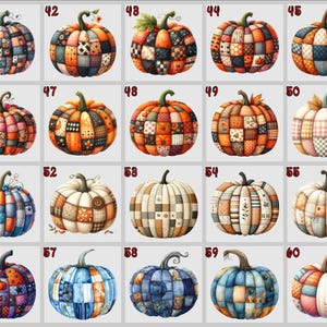 May include: A selection of watercolour pumpkins, each featuring a unique patchwork design. The pumpkins vary in colour, including orange, blue, and cream, and are decorated with various patterns. These decorative pumpkins are ideal for autumn and Halloween.