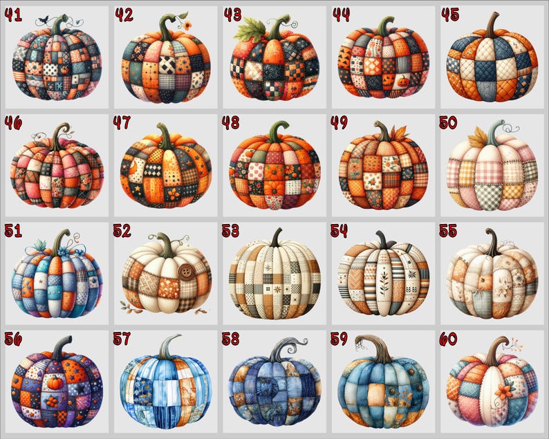 May include: A selection of watercolour pumpkins, each featuring a unique patchwork design. The pumpkins vary in colour, including orange, blue, and cream, and are decorated with various patterns. These decorative pumpkins are ideal for autumn and Halloween.
