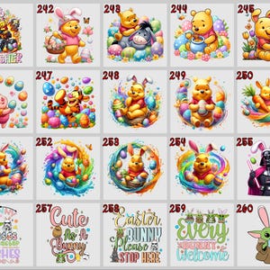 May include: A collection of colorful Easter-themed illustrations featuring beloved characters like Winnie the Pooh, Piglet, Tigger, and Baby Yoda. Each design includes Easter eggs, baskets, and festive decorations. Some images have text like "Egg Crusher" and "Bunny Kisses and Easter Wishes."