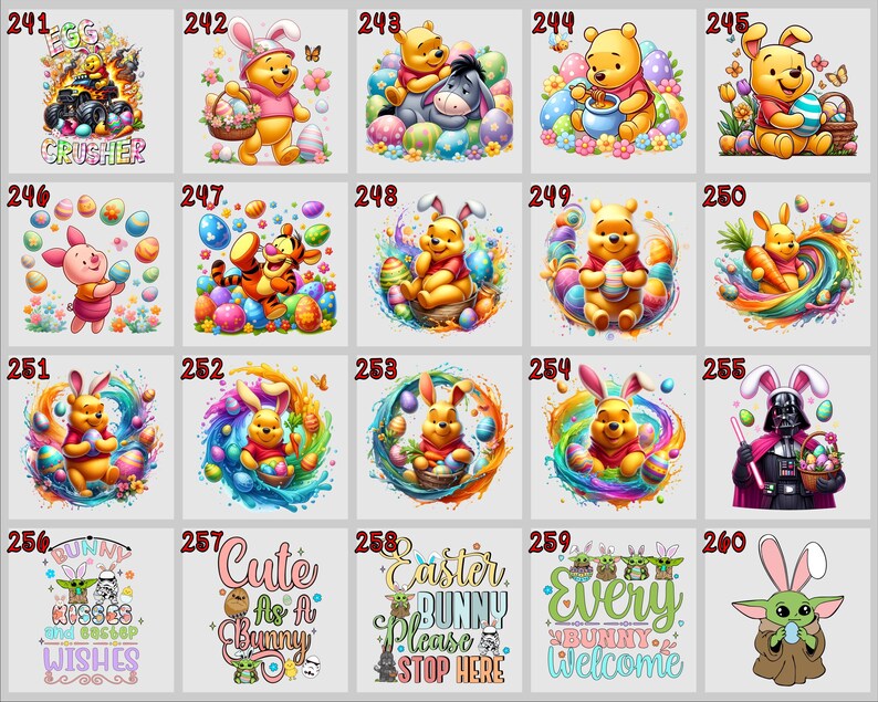 May include: A collection of colorful Easter-themed illustrations featuring beloved characters like Winnie the Pooh, Piglet, Tigger, and Baby Yoda. Each design includes Easter eggs, baskets, and festive decorations. Some images have text like "Egg Crusher" and "Bunny Kisses and Easter Wishes."