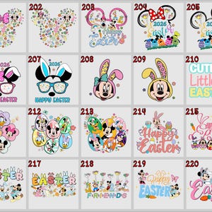 May include: A collection of Easter-themed designs featuring Mickey and Minnie Mouse. Designs include Easter eggs, bunny ears, and the words "Happy Easter" and "Easter". The designs are colorful and whimsical.