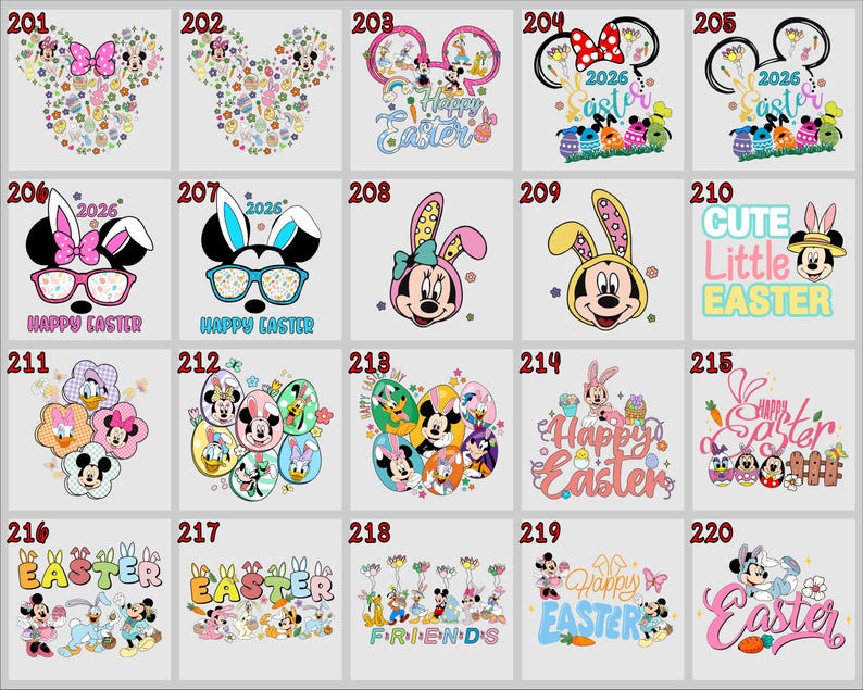 May include: A collection of Easter-themed designs featuring Mickey and Minnie Mouse. Designs include Easter eggs, bunny ears, and the words "Happy Easter" and "Easter". The designs are colorful and whimsical.