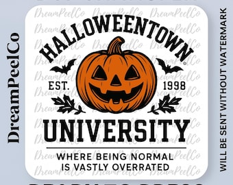 Transferencia DTF de la Universidad de Halloweentown, impresión retro de calabaza universitaria, diseño otoñal espeluznante, listo para imprimir