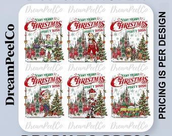 May include: A sheet of six DTF transfers featuring Christmas-themed illustrations of various cartoon characters in front of a castle. Each design includes the text Very Merry Christmas Party 2026, decorated with snowflakes, presents, and a Christmas tree.