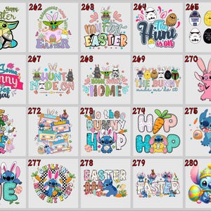 May include: A collection of Easter-themed graphic designs on white backgrounds. The designs feature characters like Yoda, Stitch, and various Star Wars characters, along with Easter eggs and bunny motifs. Text includes phrases like "Happy Easter" and "The Hunt is On."
