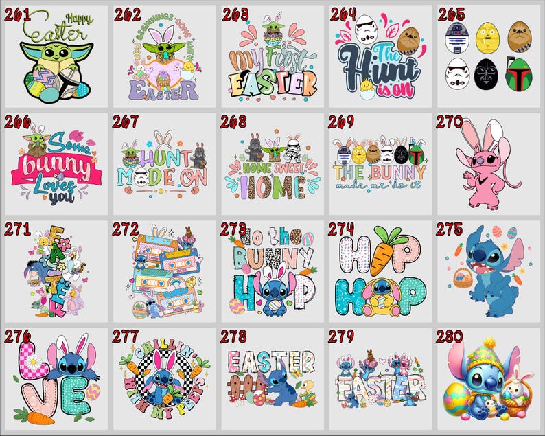 May include: A collection of Easter-themed graphic designs on white backgrounds. The designs feature characters like Yoda, Stitch, and various Star Wars characters, along with Easter eggs and bunny motifs. Text includes phrases like "Happy Easter" and "The Hunt is On."