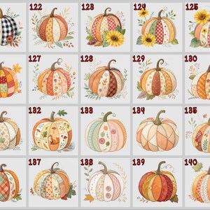 May include: A selection of watercolour pumpkins in diverse designs. Each pumpkin displays unique patterns, including plaid, floral, and patchwork, with autumn colours such as orange, yellow, and brown. Some pumpkins are decorated with sunflowers and foliage.